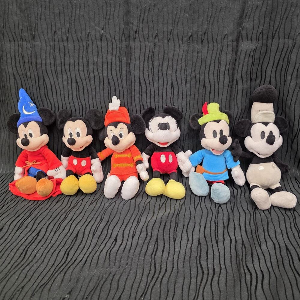 Lot of 6 Disney Mickey Mouse Plush Toys Fantasia Vintage Style Stuffed Set